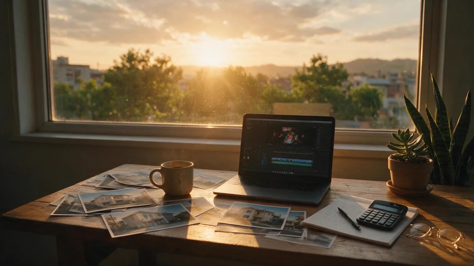 A desk at golden hour with a laptop showing a video edit timeline, printed listing photos, a calculator and a coffee cup