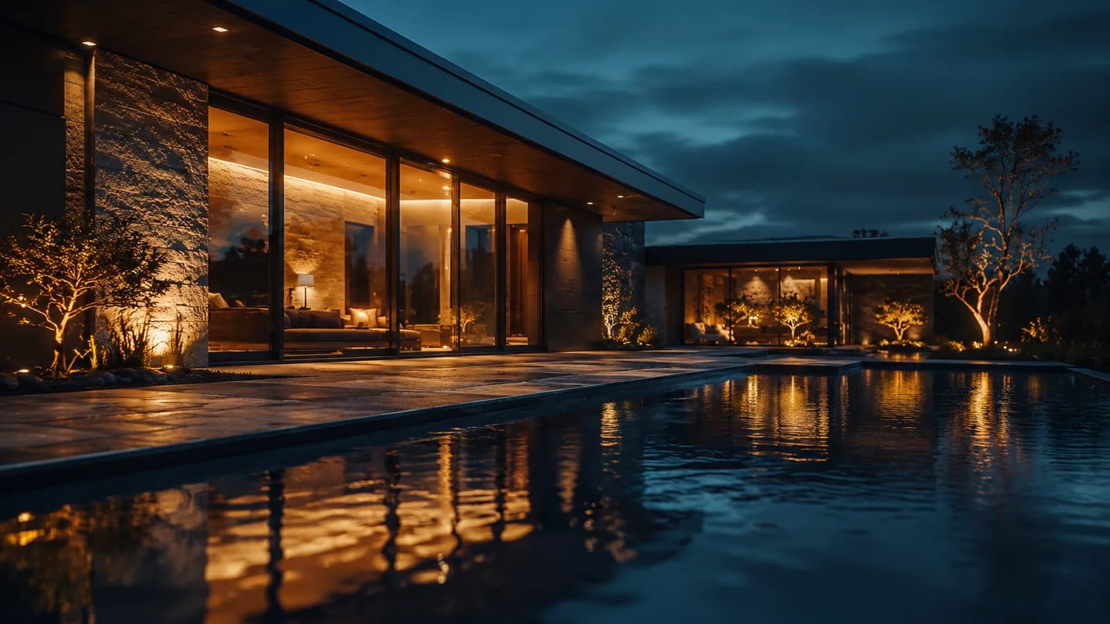 A modern architect-designed home at blue hour, warm interior light reflected in a still pool — the kind of listing PropReel is built for